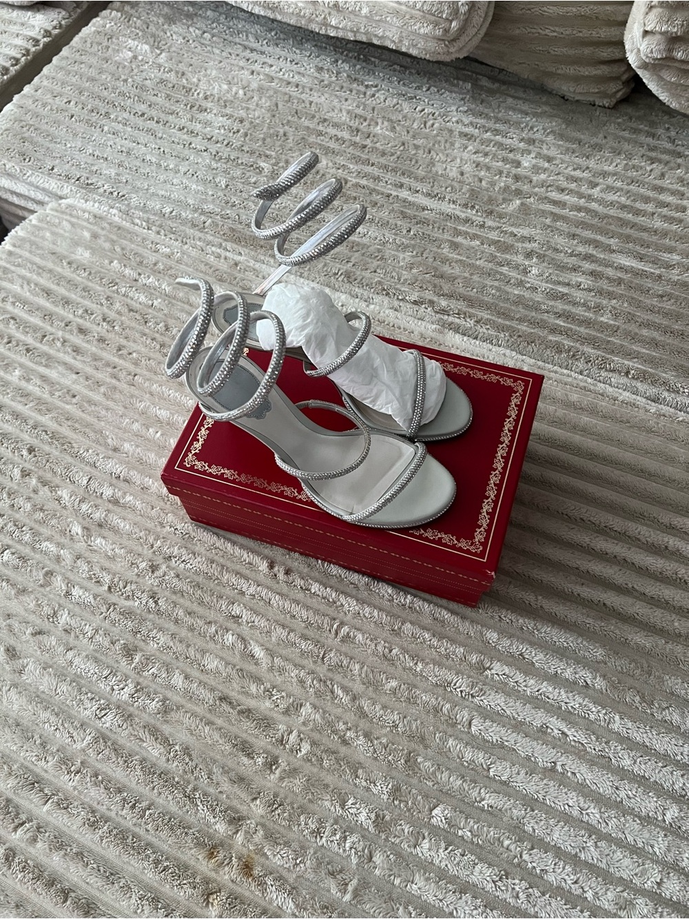 Rene Caovilla Silver Spiral Wrap Heeled Sandals - Women's Dress Sandals